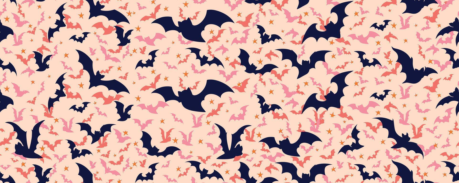 Trendy Halloween Pattern with Navy and Pink Bats on Soft Cream Background. Random flying bat silhouettes backdrop perfect for fashion, cards, print vector