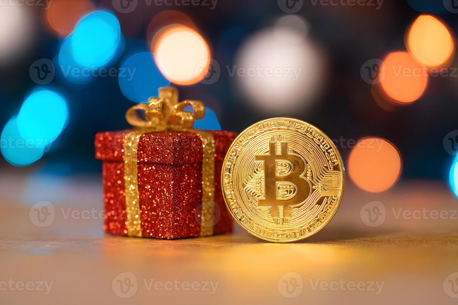 Shiny golden Bitcoin cryptocurrency coin positioned upright on golden surface next to glittery red gift box tied with gold ribbon photo
