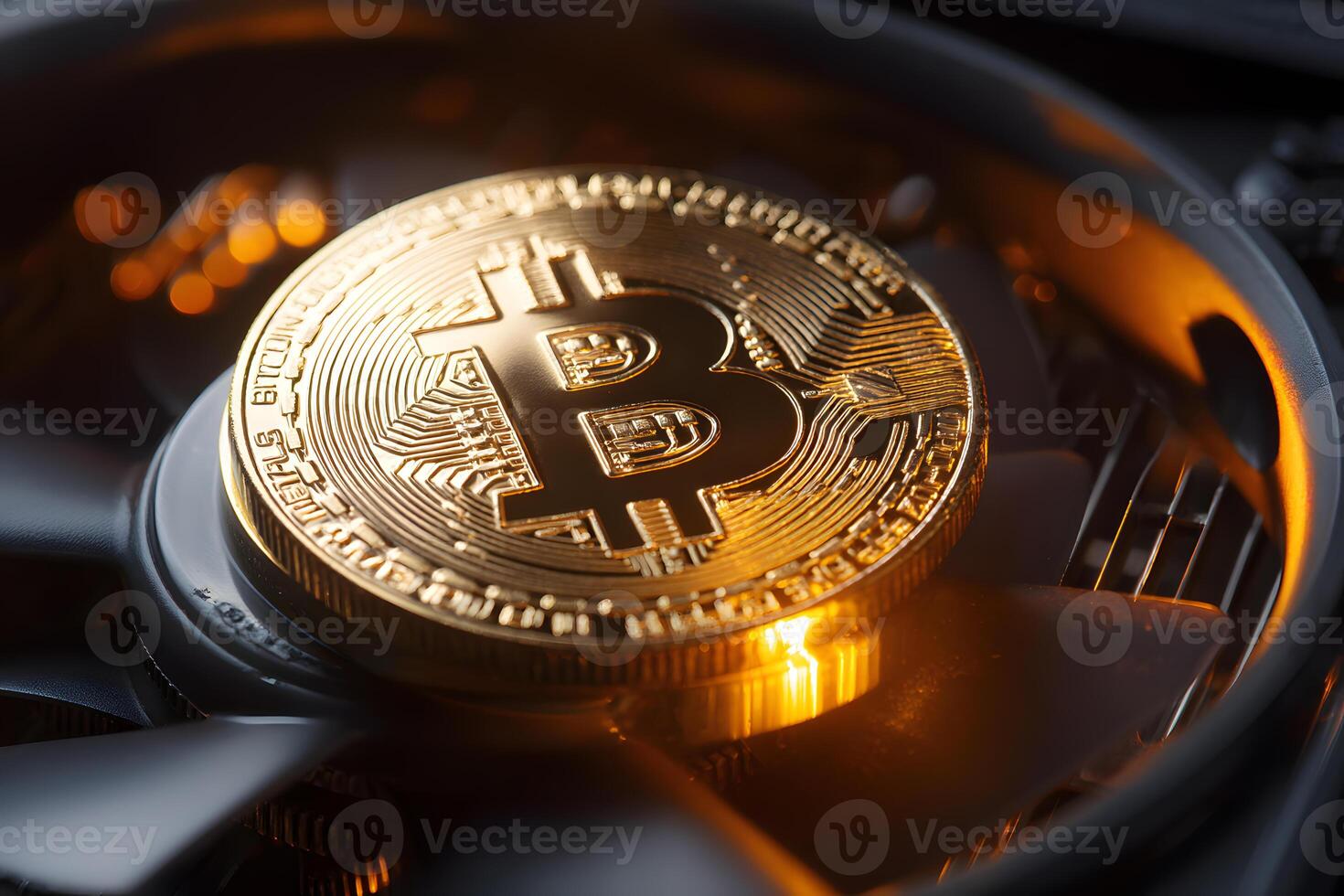 Golden Bitcoin coin resting on dark high-tech computer cooling fan symbolizing digital finance technology photo