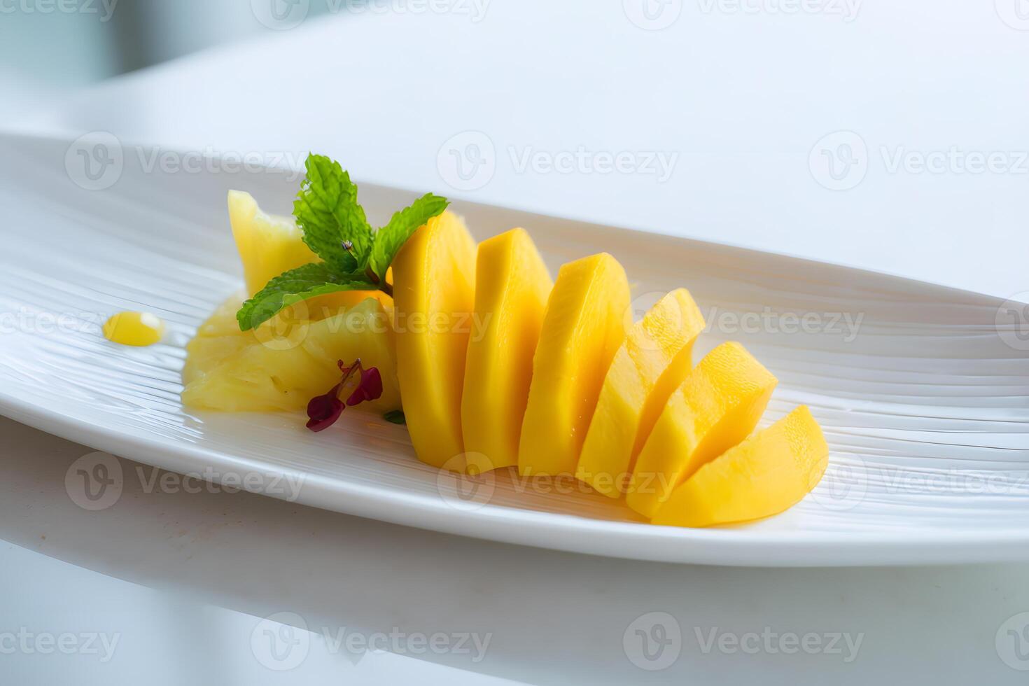 Artistic arrangement of mango and pineapple slices on white plate for summer refreshment photo
