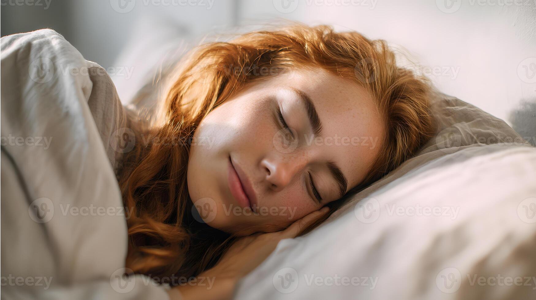 Peaceful sleeping scene of a young red-haired woman, eyes closed and faintly smiling, nestled in plush bedding photo