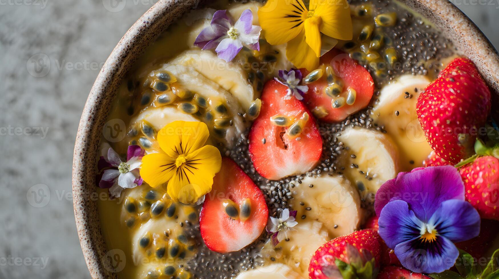 Refreshing tropical smoothie bowl topped with a rainbow of fresh fruits and crunchy seeds photo