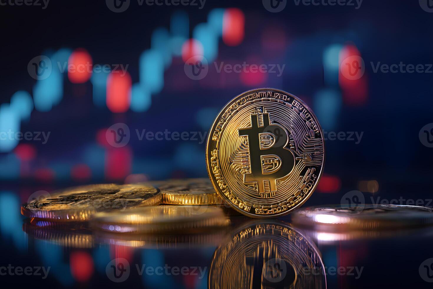 Stack of golden Bitcoin coins with one standing upright displaying Bitcoin symbol, glowing financial candlestick chart in background photo