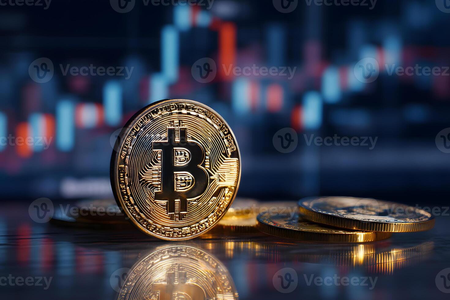 Golden Bitcoin coins prominently displayed with one upright featuring bold Bitcoin symbol against colorful financial candlestick chart background photo