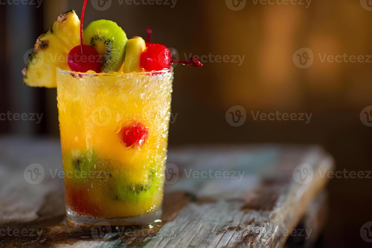 Tropical cocktail garnished with pineapple slices, kiwi, and bright red cherries creating vibrant exotic drink photo