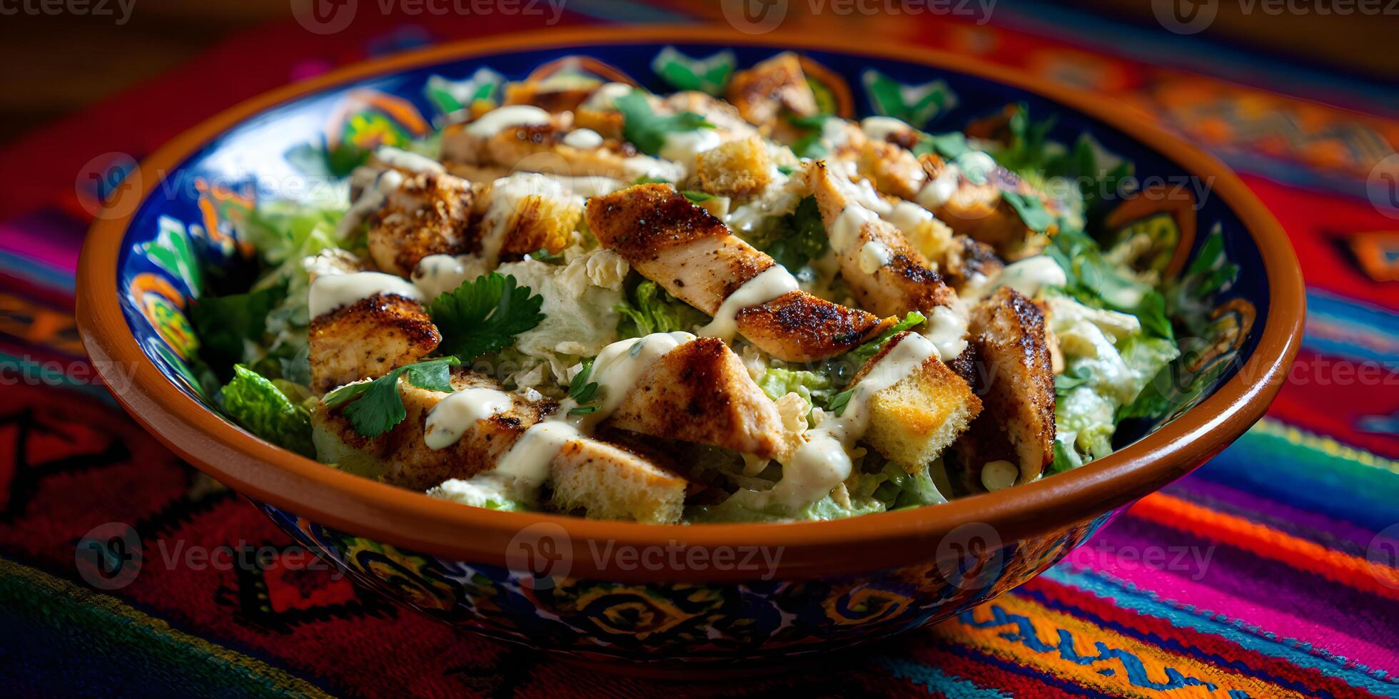 Delicious Mexico-Style Chicken Caesar Salad topped with avocado and a zesty dressing. photo