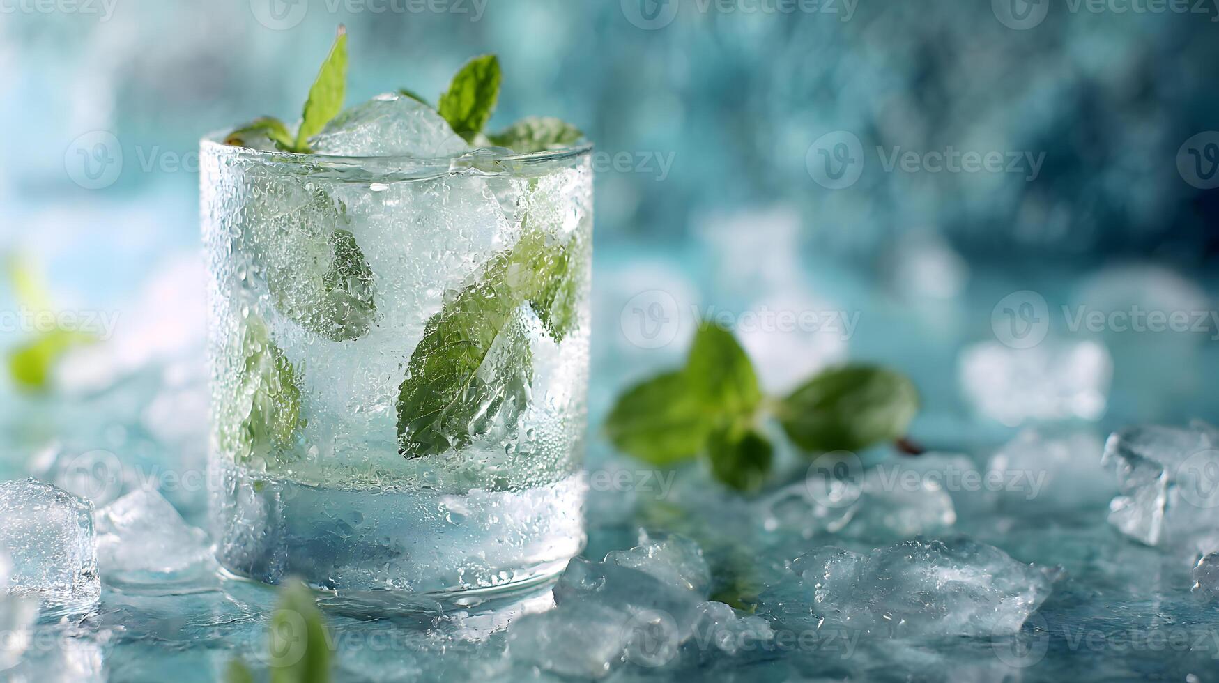 Chilled frozen cocktail in clear glass with scattered ice cubes and vibrant mint leaves enhancing summer refreshment photo