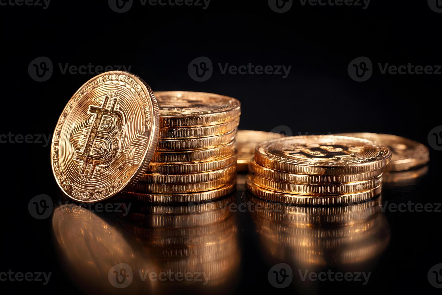 Shiny stacks of golden Bitcoin coins displayed on reflective black surface in bright lighting photo