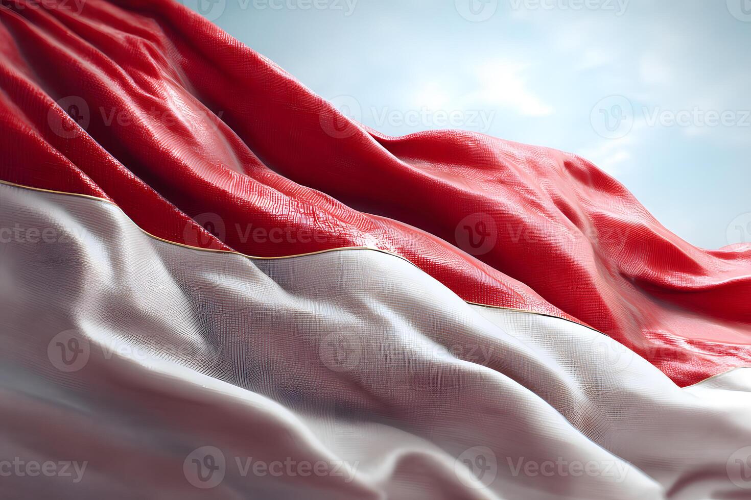 Realistic close-up of the Indonesian flag showing vibrant red and white fabric texture waving in the wind photo