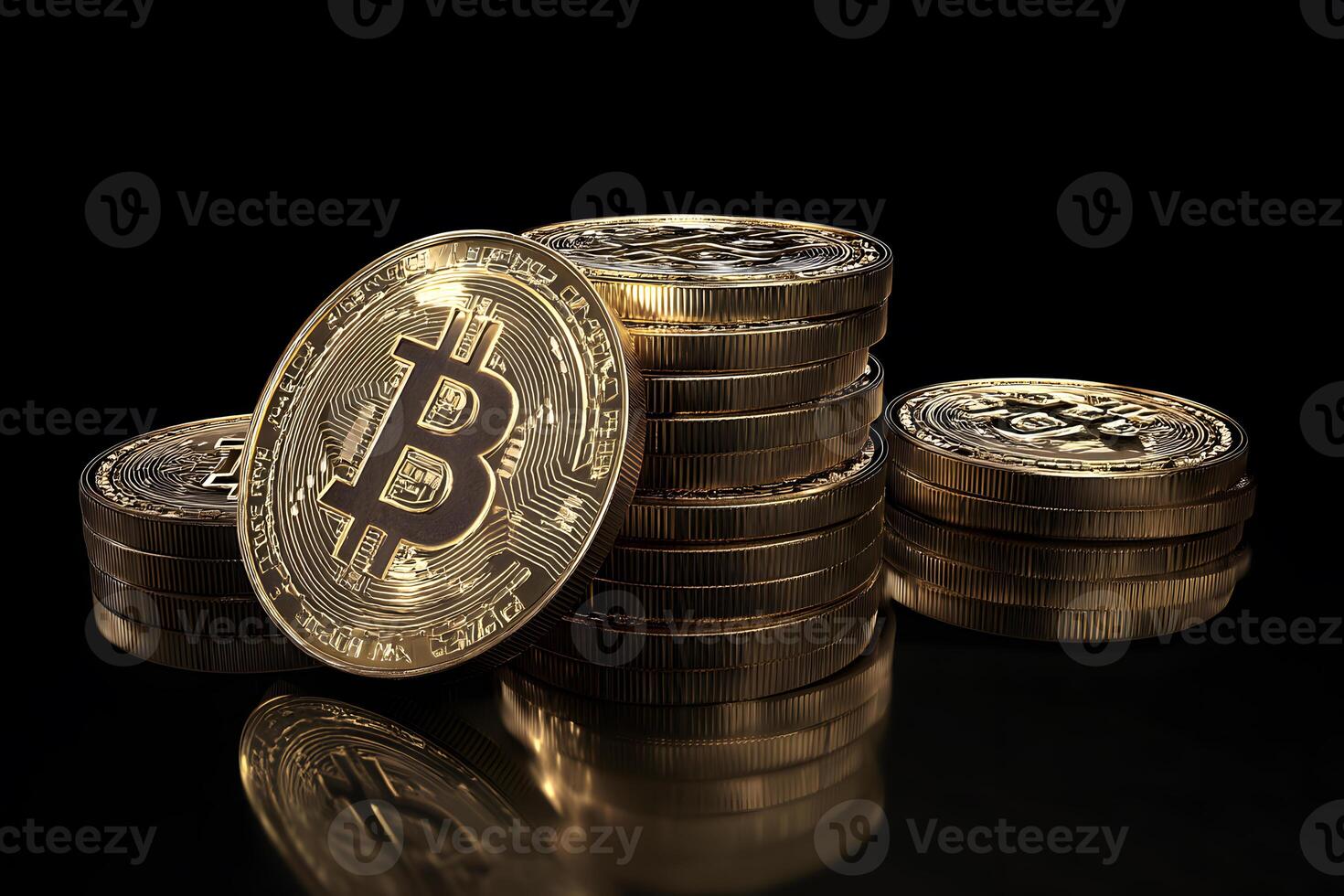 Stacks of shiny golden Bitcoin coins resting on reflective black surface close-up photo