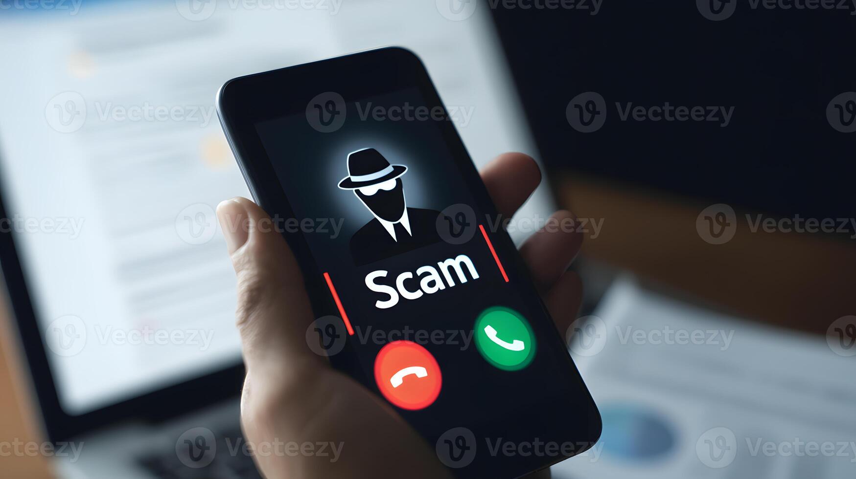 Smartphone held in hand displaying incoming call labeled scam with anonymous masked hat icon symbolizing scammer caller photo