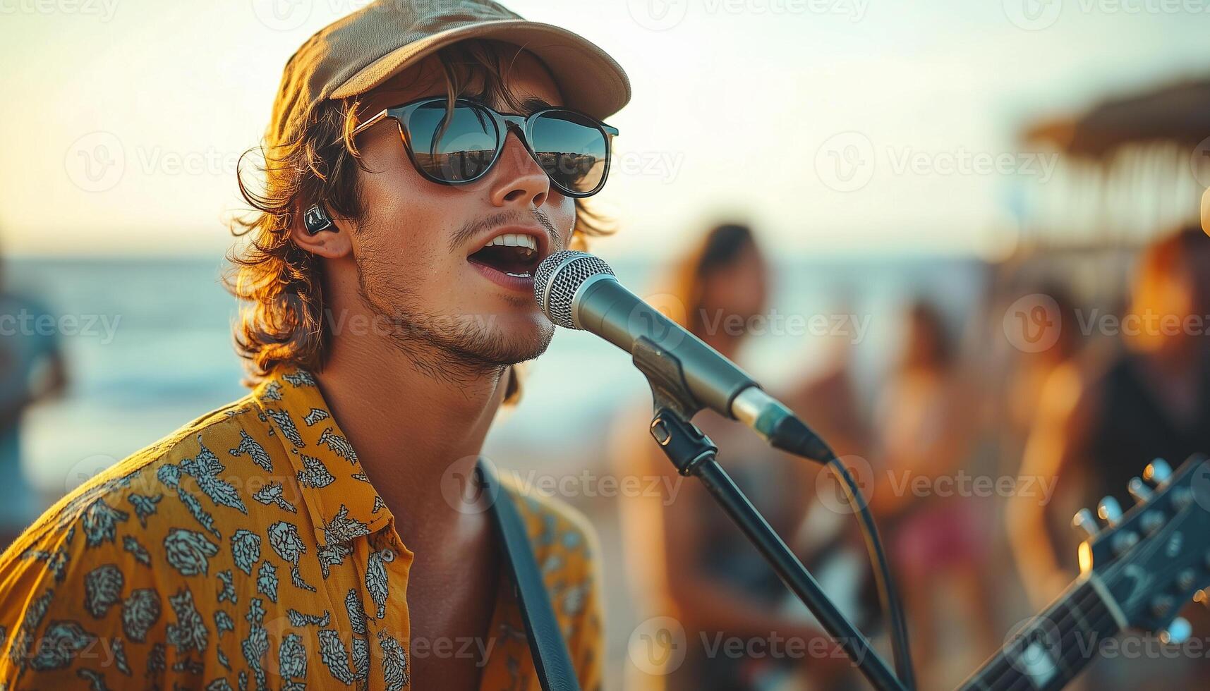 A man with sunglasses and a hat is singing into a microphone photo