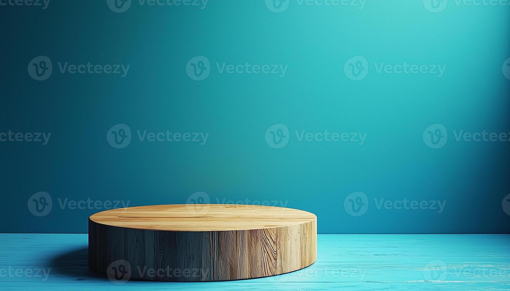 A wooden round table on a blue background photo