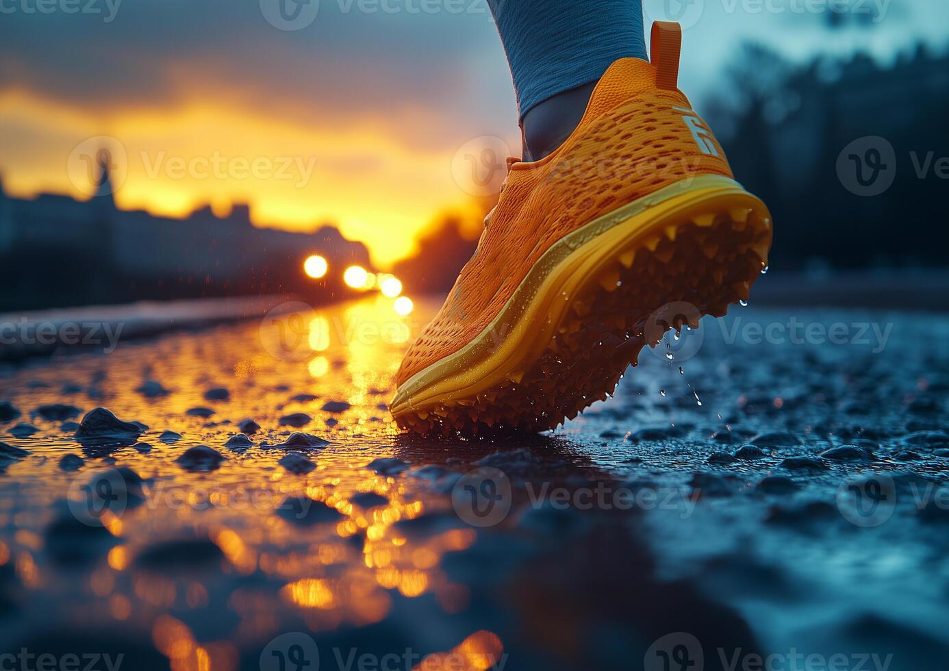 A person wearing a yellow shoe on a wet road photo