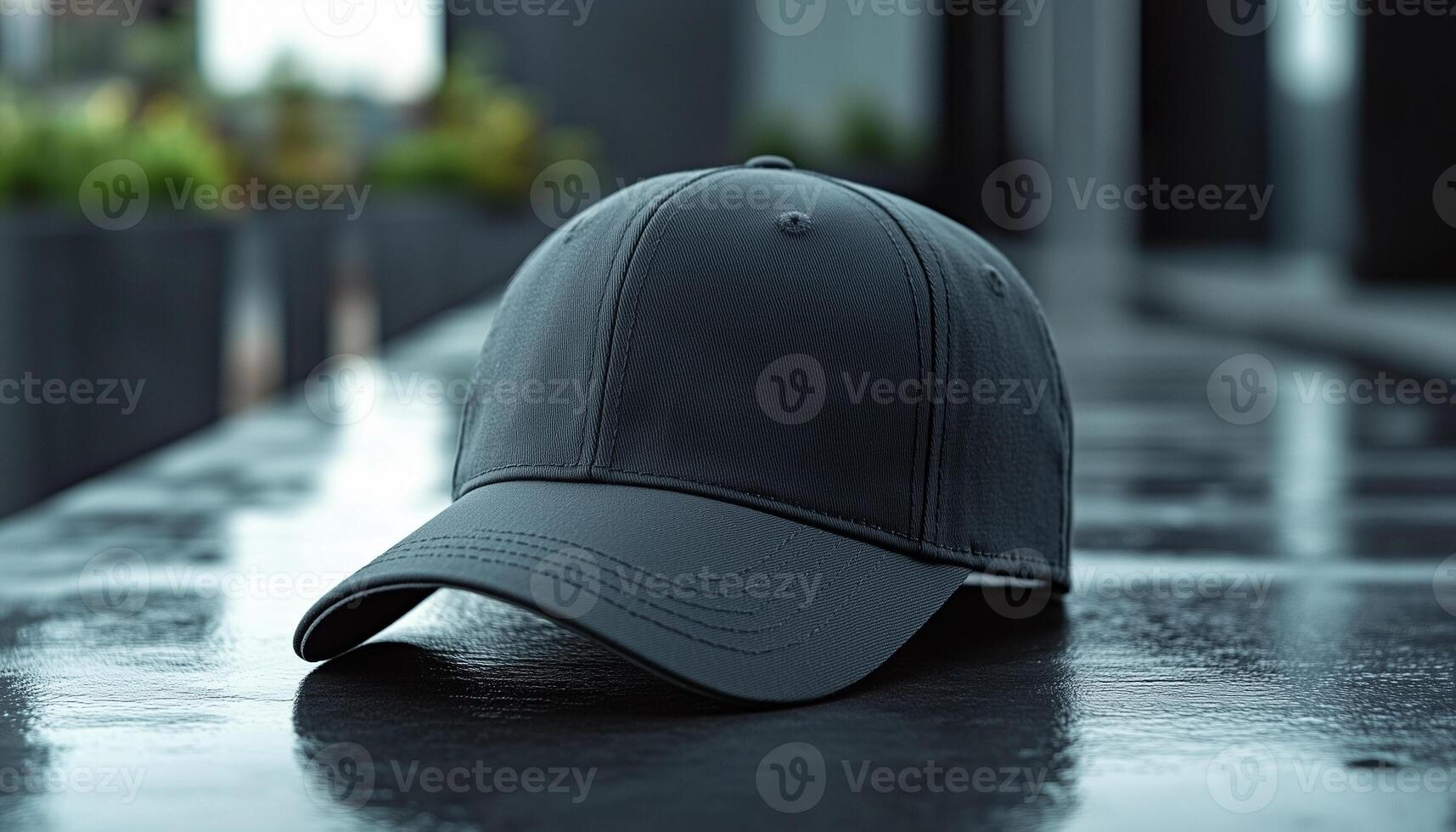 A baseball cap sitting on a wet surface photo