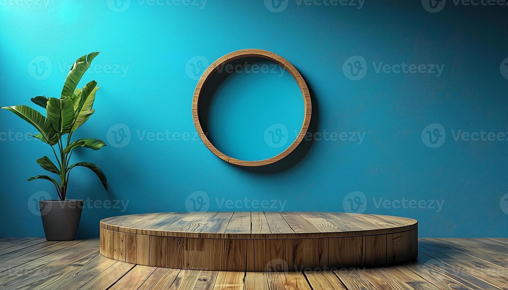 Round mirror in blue room with wooden floor and potted plant photo