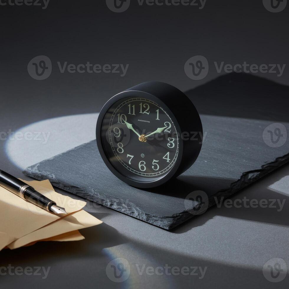 Classic black desk clock and fountain pen on a slate tile, spotlighted for a dramatic effect photo