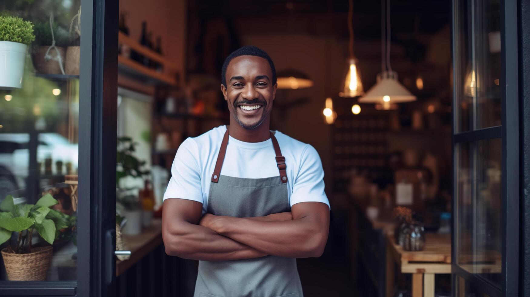 A smiling black man in an apron standing in front of a restaurant photo