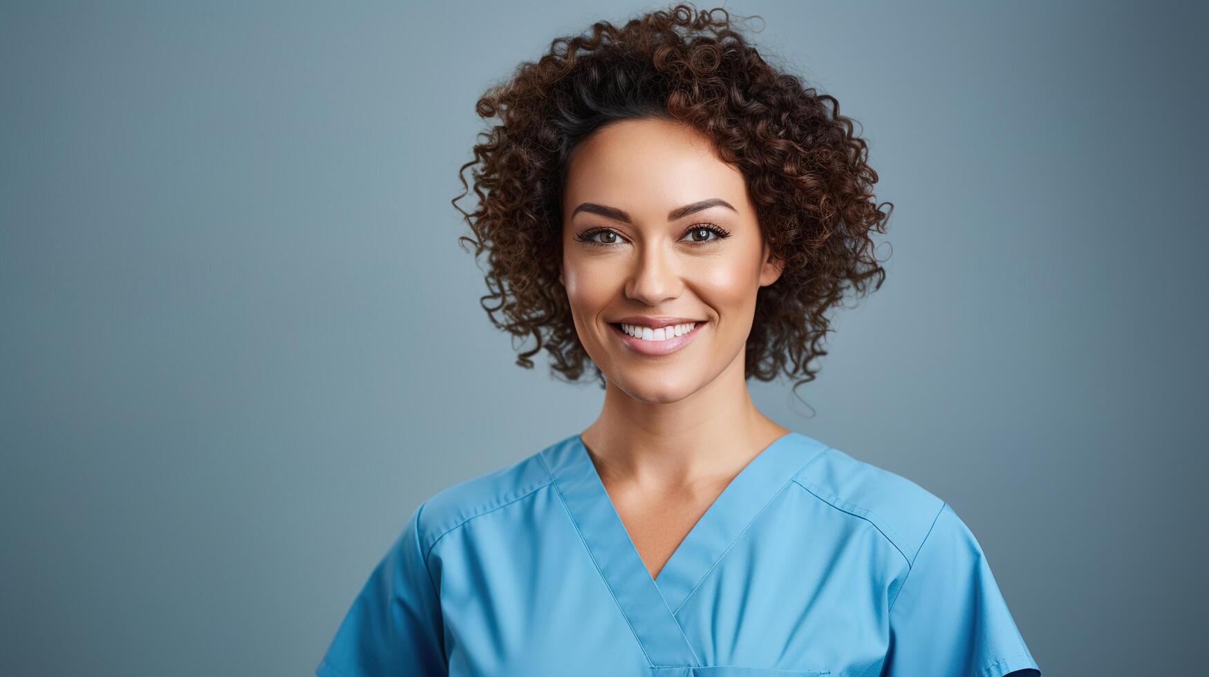 A woman in a scrub suit smiling photo