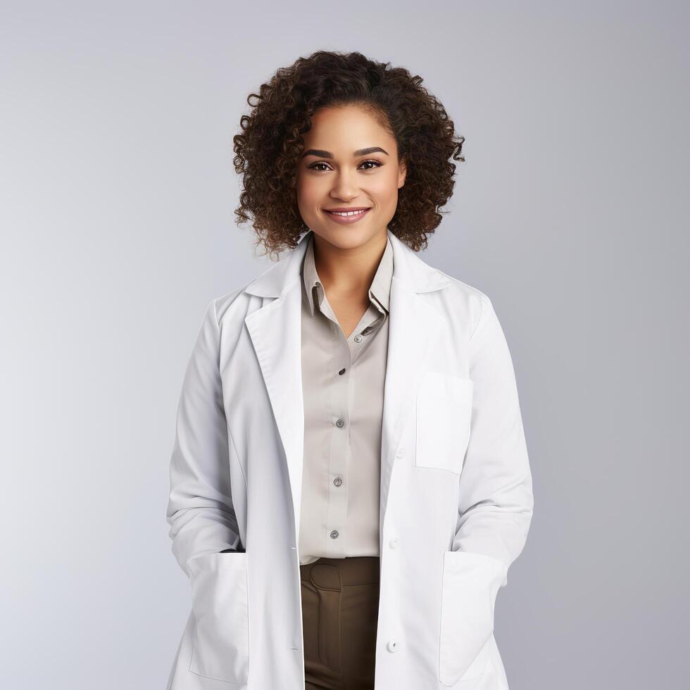 A woman in a white lab coat photo