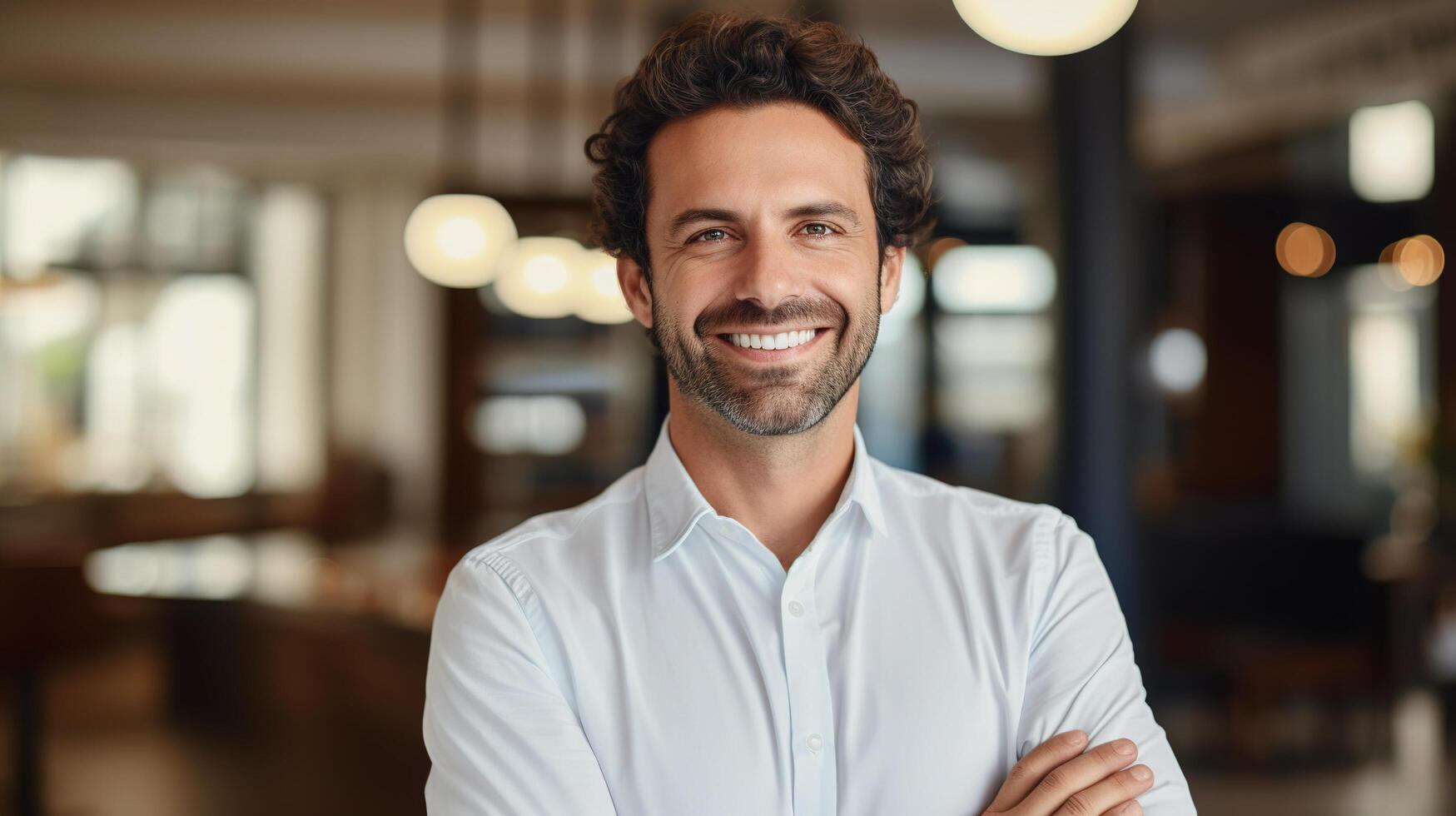 A man with his arms crossed smiling in a restaurant photo