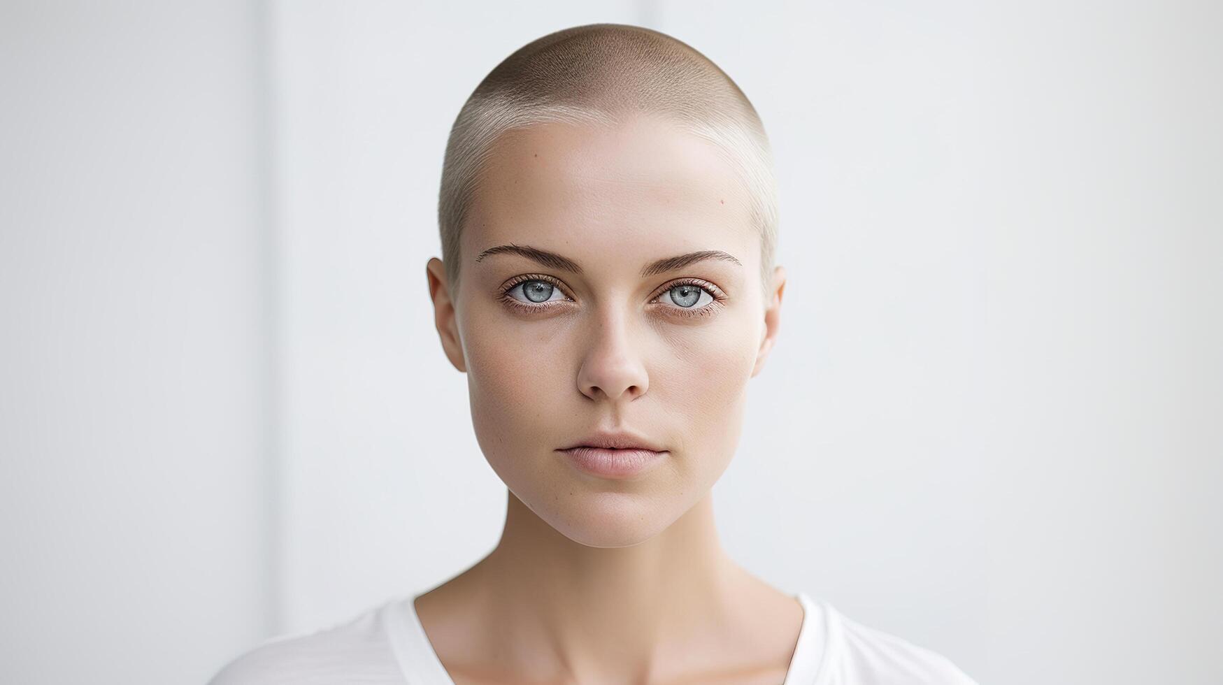 A woman with a shaved head looking at the camera photo