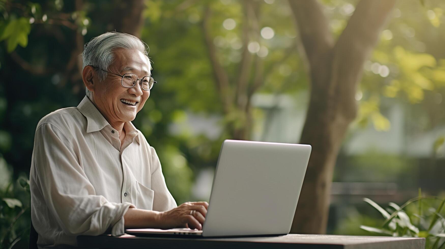 An older man sitting in a park using a laptop photo