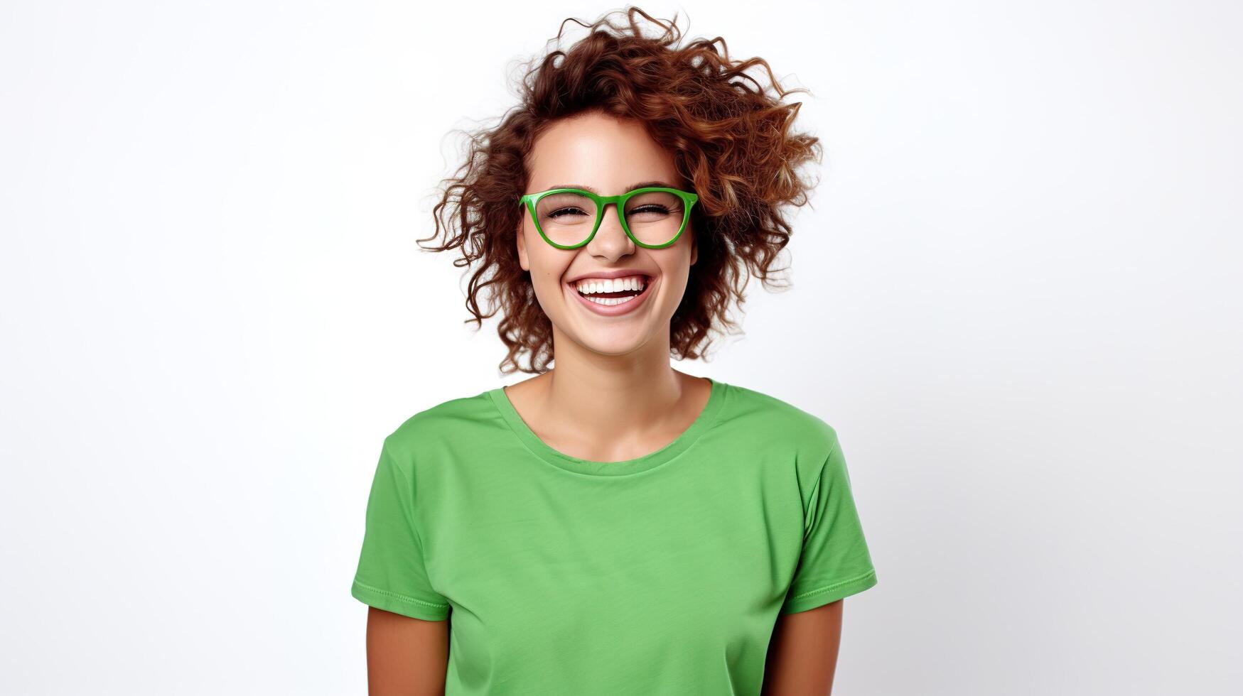 A woman with curly hair wearing green glasses photo