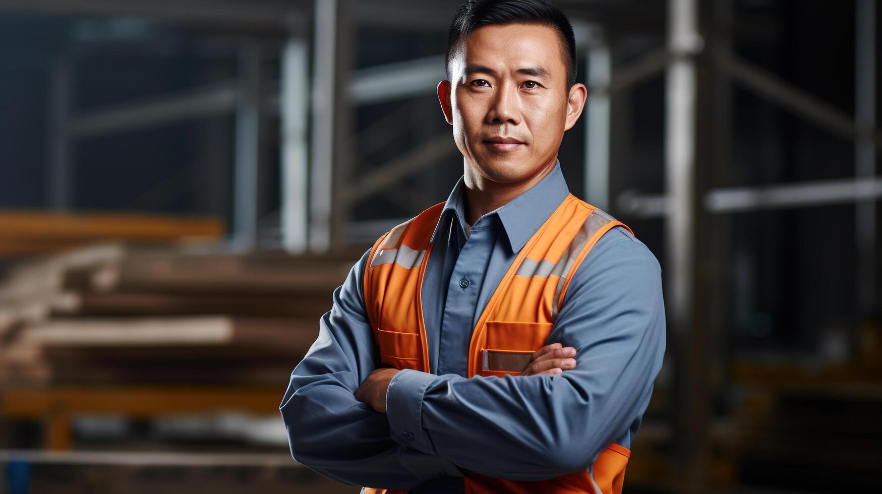 Asian man in orange vest standing in warehouse photo