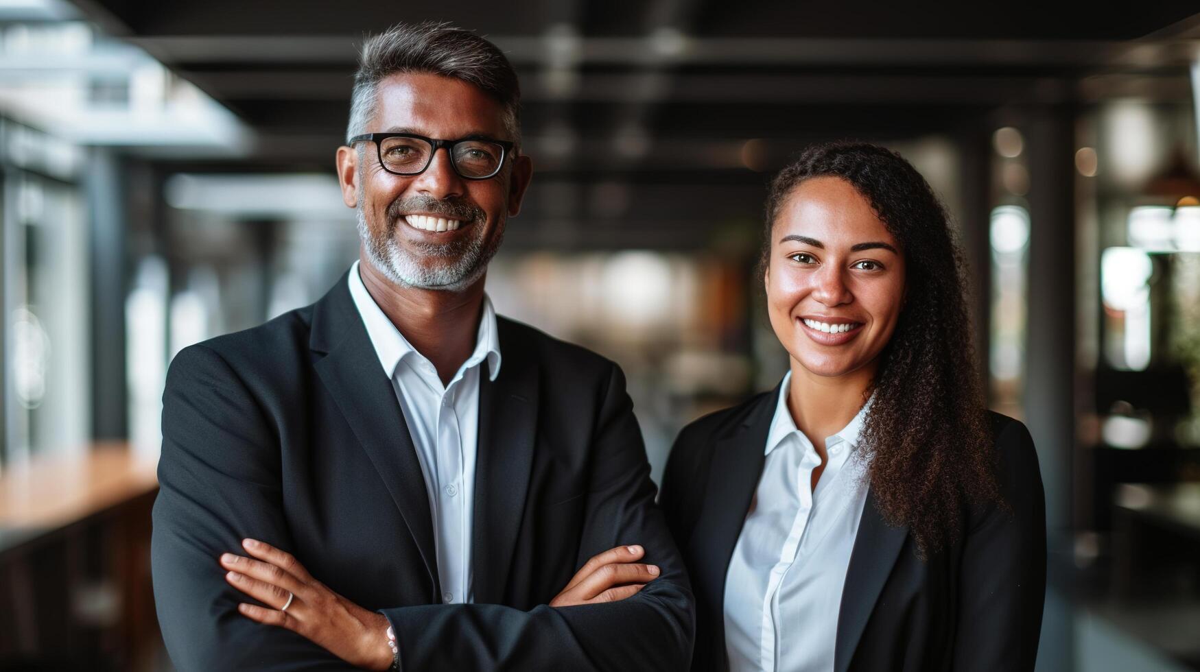 Two business people standing together in an office photo