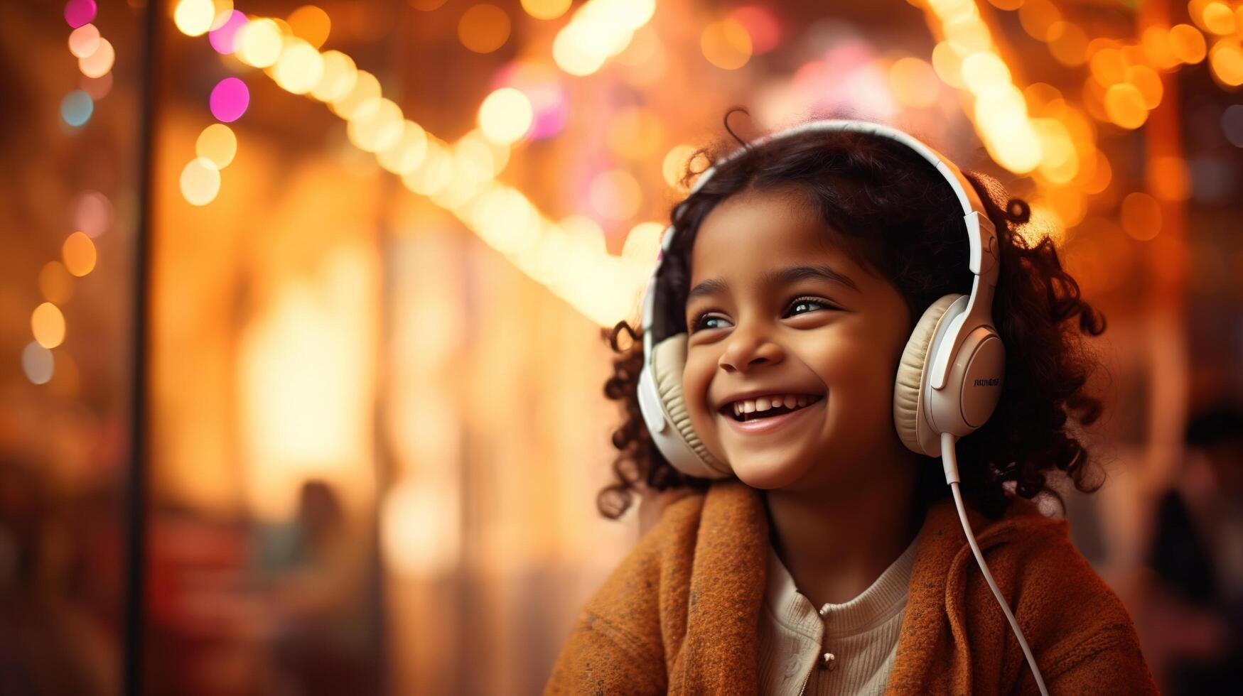 A little girl wearing headphones and smiling photo