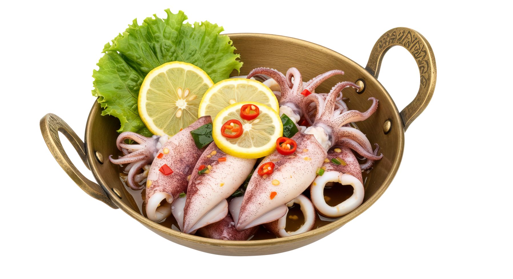 Thai style stir-fried squid served in cooking pot called kadha png