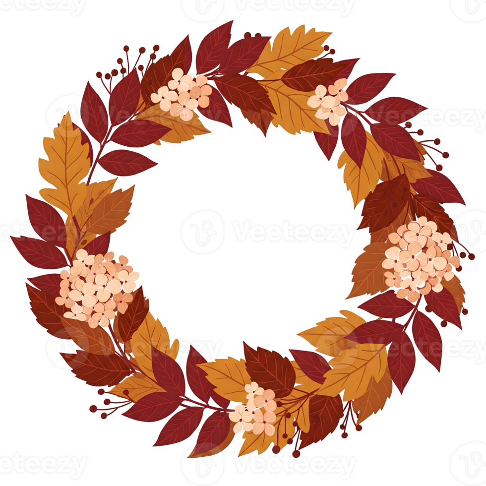 Autumnal Wreath Design Featuring Vibrant Red and Orange Leaves and Delicate Peach Blossoms on Transparent Background Perfect for Fall Invitations and Decorations png
