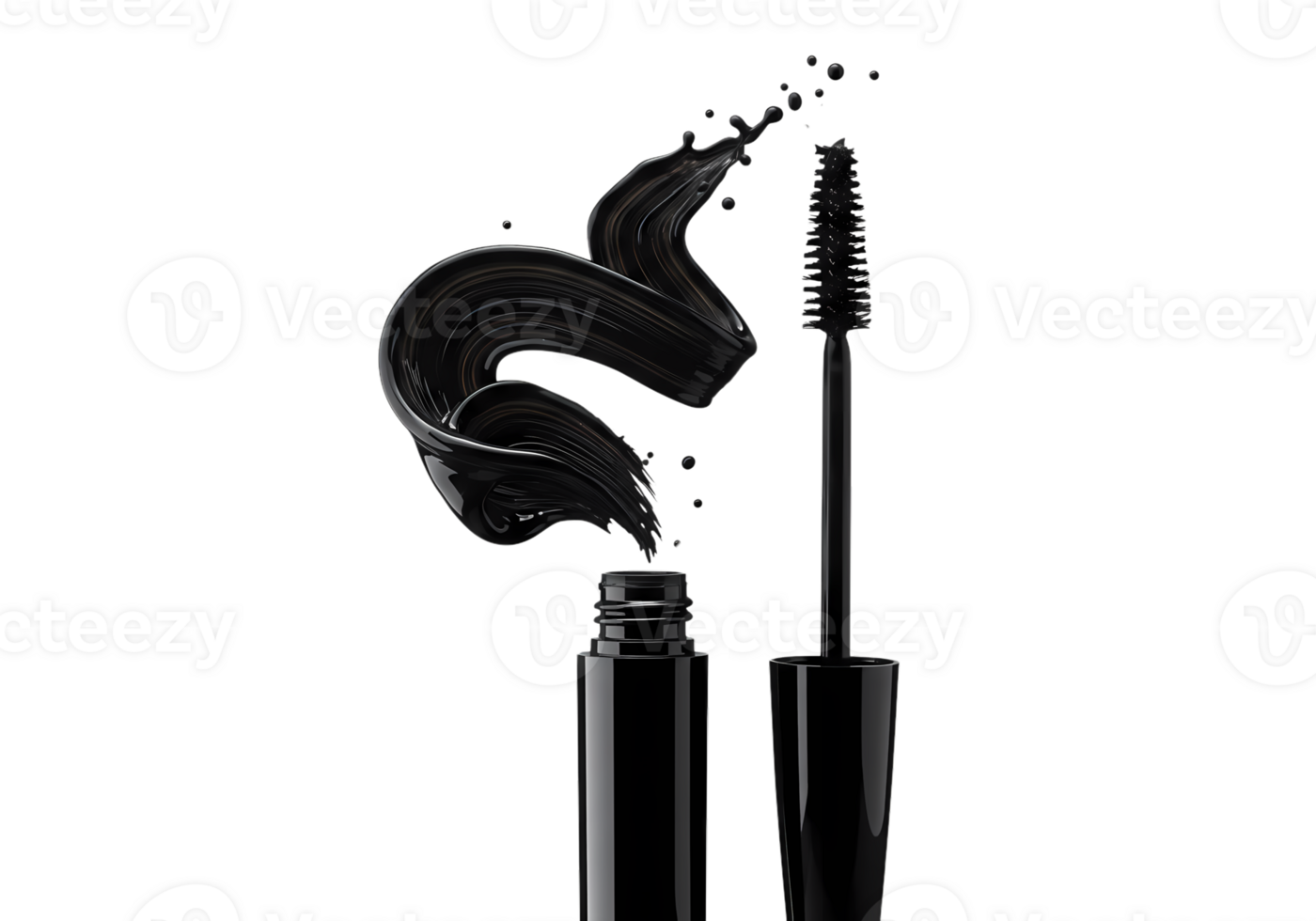 Black Mascara Wand and Swirl of Product on Transparent Background 3D Rendering of Cosmetic Product png
