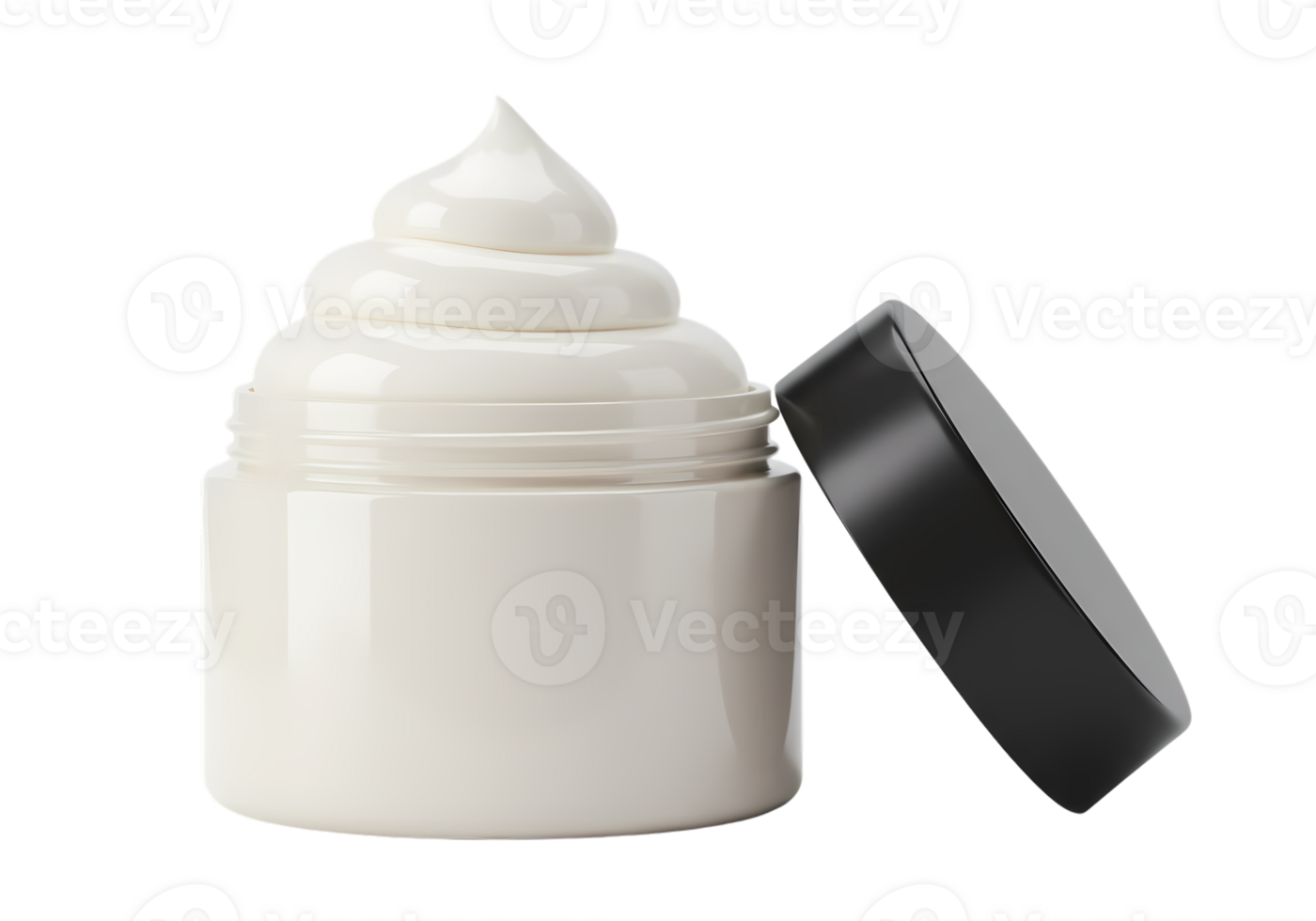 Creamy White Moisturizer in Open Jar with Black Lid on Transparent Background 3D Render of Cosmetic Product png
