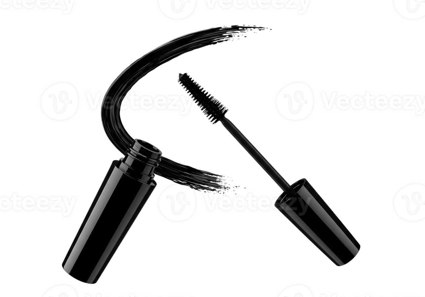 Black Mascara Wand and Tube with Swirl of Product on Transparent Background png