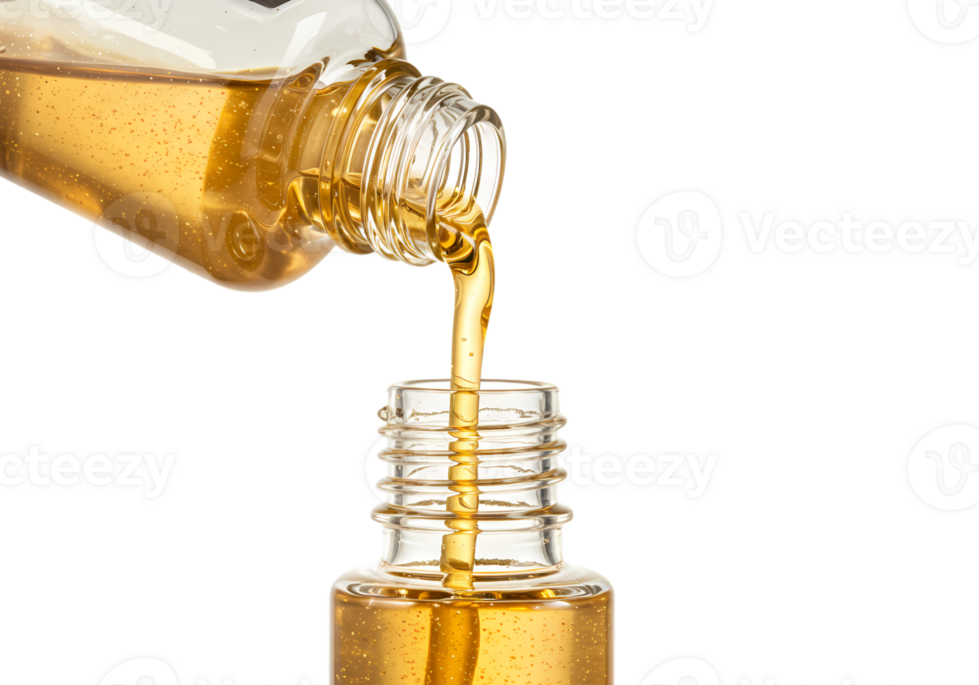 Amber Liquid Pouring from Bottle into Smaller Container Transparent Background Closeup png