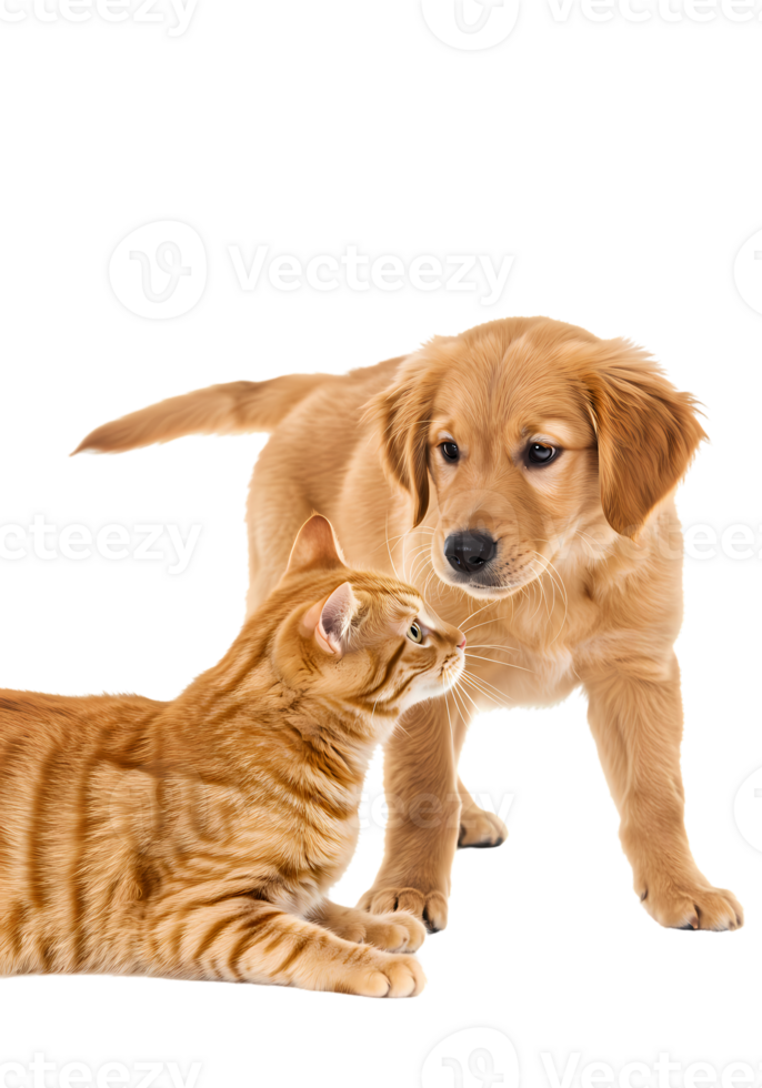 Golden Retriever Puppy and Ginger Cat Interaction Playful Studio Portrait with Transparent Background png
