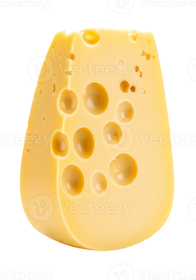 Closeup of a Wedge of Swiss Cheese with Large Holes Yellow Color Scheme Transparent Background png