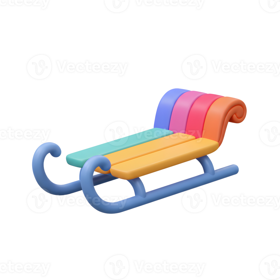 A colorful sled with a blue frame and rainbow back is shown in a 3D rendering, likely used for winter recreation and decoration. png