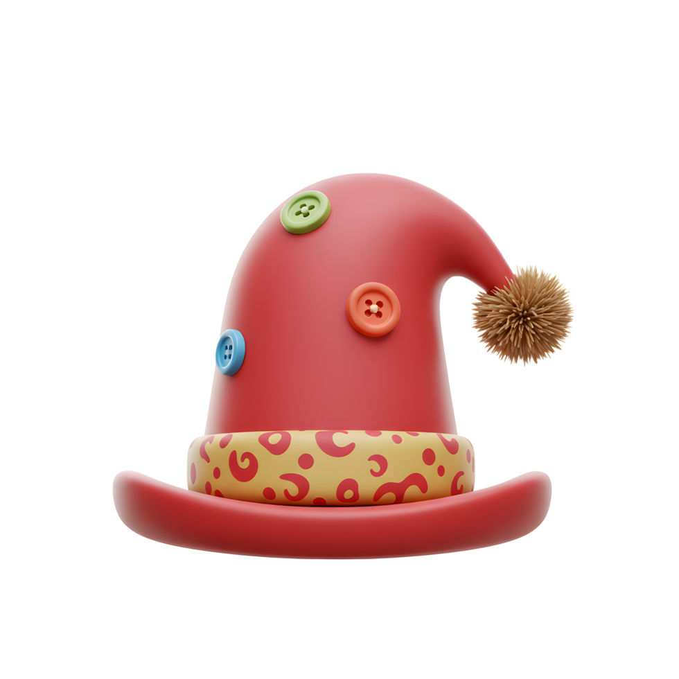 A red hat adorned with colorful buttons and a pompom makes a whimsical statement, perfect for playful costumes and festive decorations. png