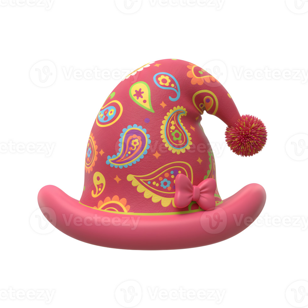 A whimsical paisley hat features a colorful pattern, a pom-pom, and a bow, perfect for adding a playful touch to any outfit. png