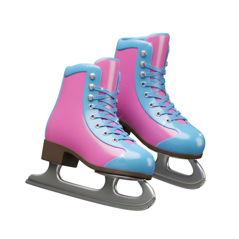 A pair of pink and blue ice skates sit side by side ready for winter sport usage. png
