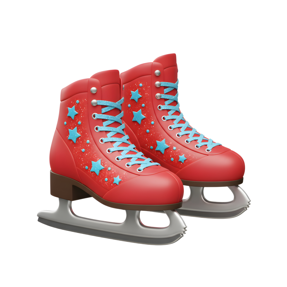 A pair of red ice skates are decorated with blue stars and blue laces, commonly used for ice skating. png