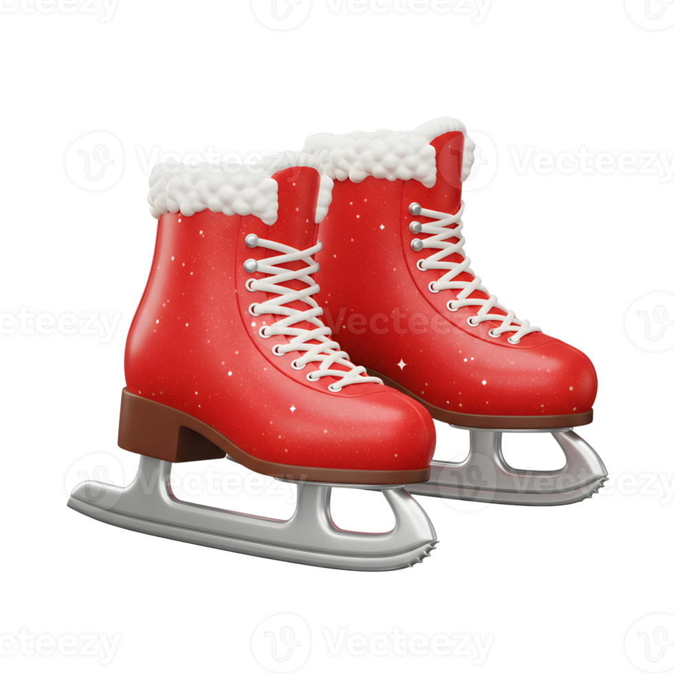 A pair of red ice skates with white laces and fluffy trim can be used for recreational skating during winter activities. png