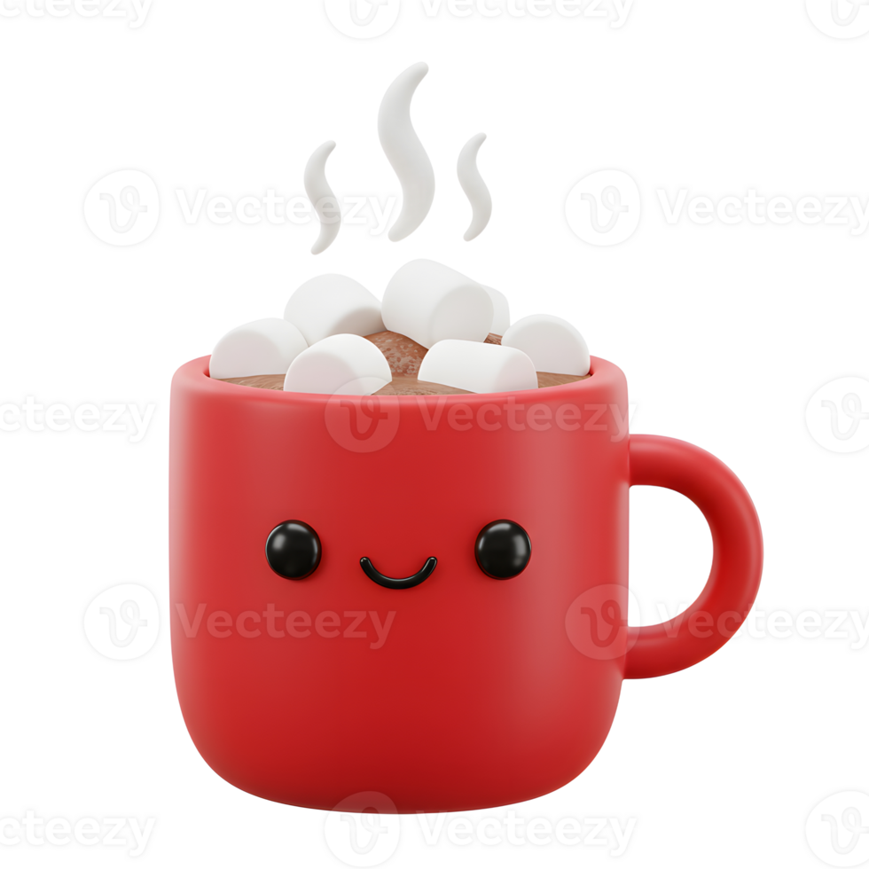 A red mug with a cute face is filled with hot cocoa, topped with marshmallows, and steam is rising above it, often enjoyed during the winter season. png