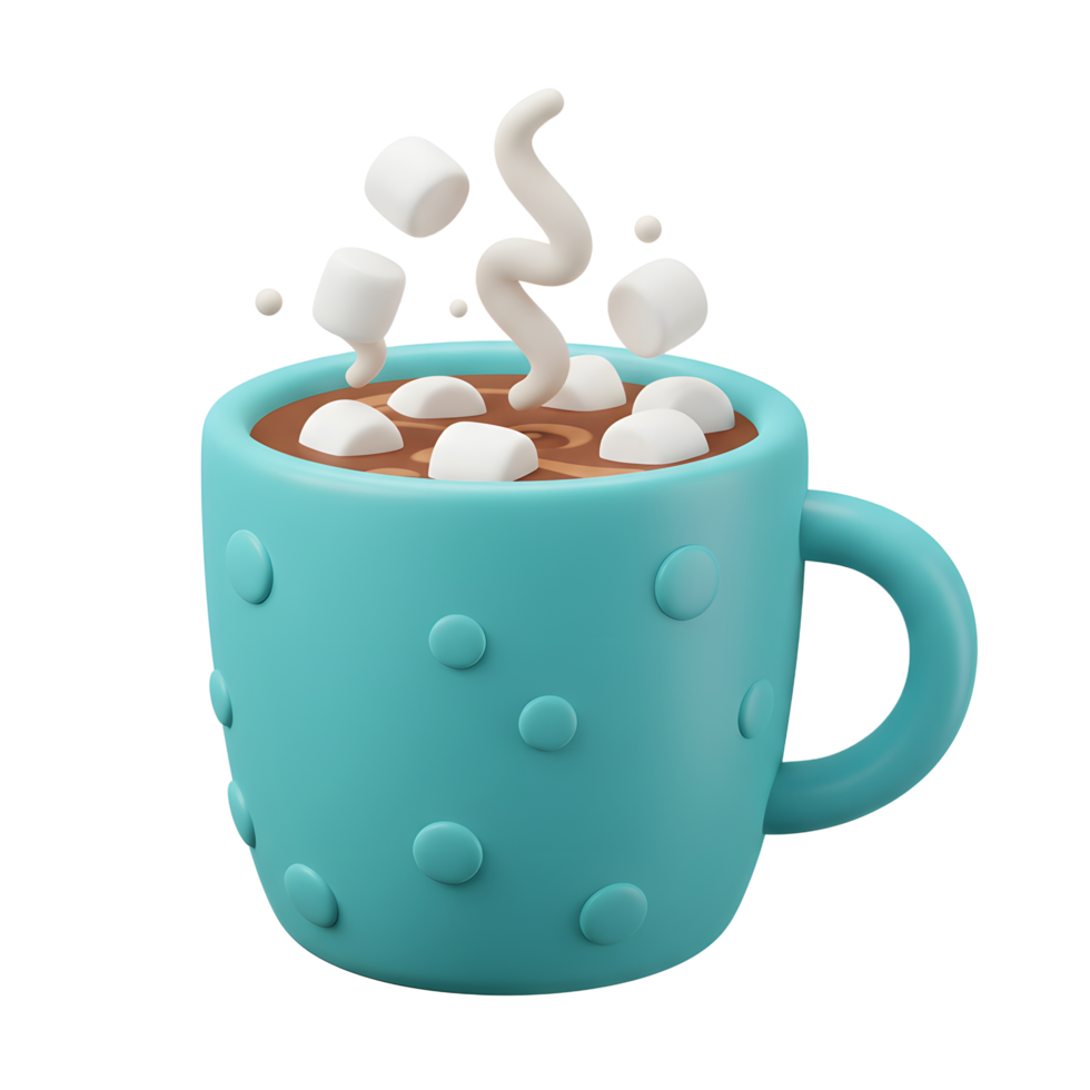 A turquoise mug filled with hot chocolate and marshmallows, topped with a wisp of steam, evokes warmth and comfort for a cozy winter drink. png