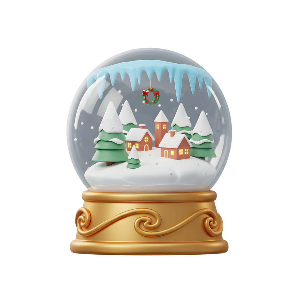 A charming snow globe features miniature houses, trees, and a wreath on snow-covered ground, creating a festive winter scene suitable for holiday decor. png