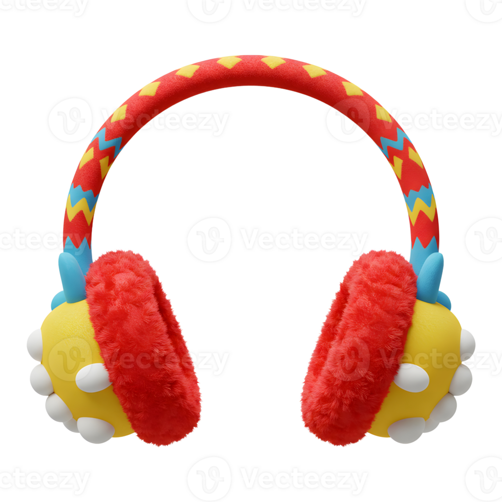 A red earmuff features a colorful pattern on its headband and a fluffy texture, providing warmth during cold weather. png