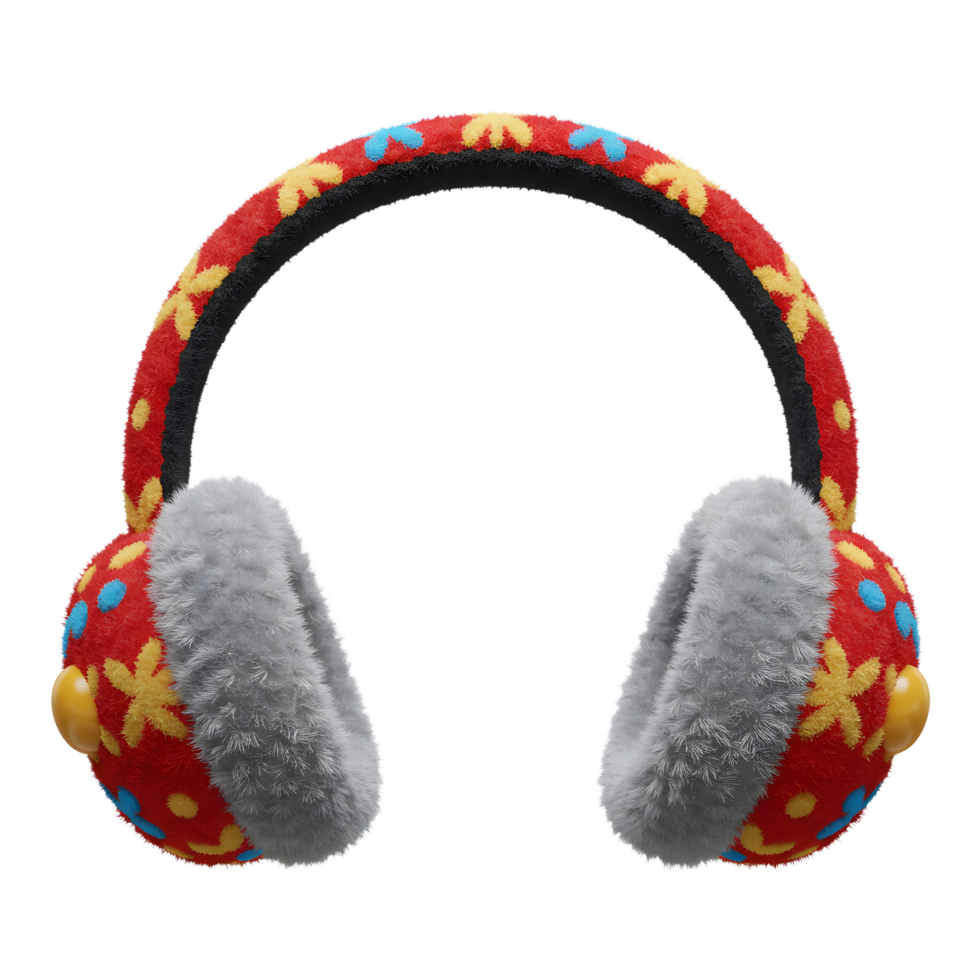 A colorful winter earmuff with a flower pattern is designed to protect your ears from the cold. It's perfect for winter activities and keeping warm. png